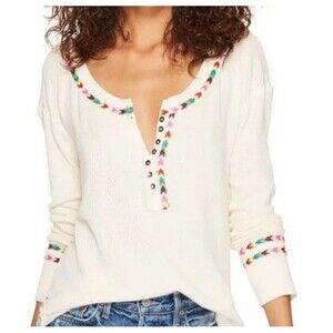 Free People Henley Thermal Top Small Waffle Knit Rainbow Trim Shirt Boho Hippie